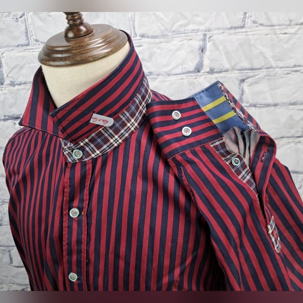 Robert Graham Button Down Shirt Red Navy Striped Plaid Flip Cuff XL